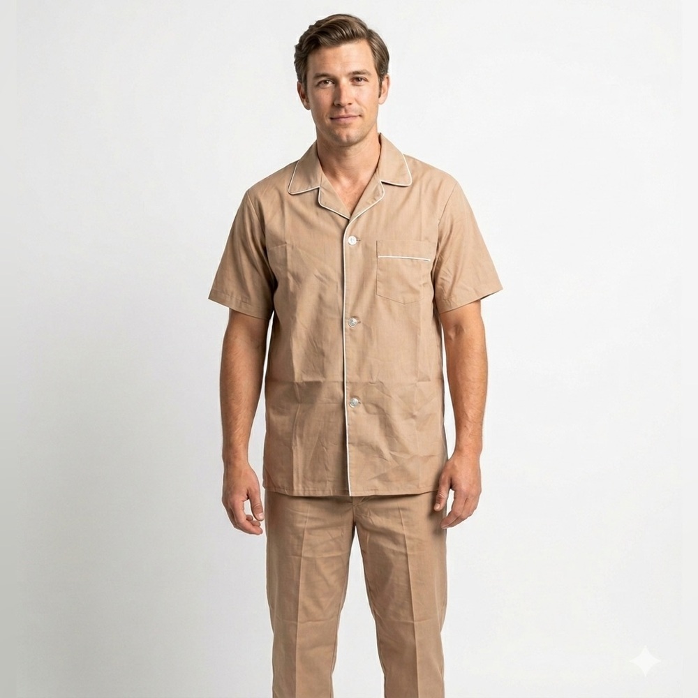 VINTAGE 70s Sears Perma-Prest Pajama Set | Deadstock Grandpacore Tan, M